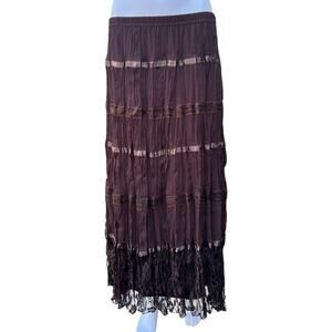 90s Y2K Brown Boho Tiered Crinkle Maxi Skirt Ribbon Floral Lace 14/16W Fairy